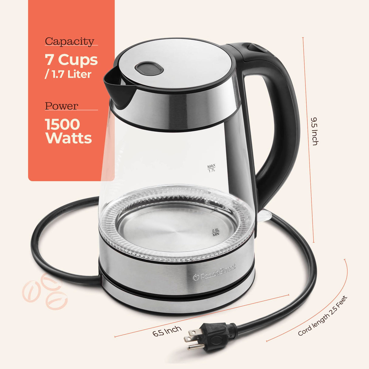 Speed-Boil Electric Kettle For Coffee & Tea - 1.7L Water Boiler 1500W, Borosilicate Glass, Easy Clean Wide Opening, Auto Shut-Off, Cool Touch Handle, LED Light. 360° Rotation, Boil Dry Protection Peach Street