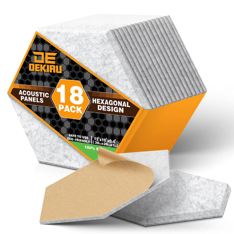 DEKIRU Self Adhesive Soundproof Foam Panels 18 Pack, 12''X10''X0.4'' Hexagon Acoustic Panels, Easy Install Sound Absorbing Panels for Home Recording Studio, Office, and More (Grey) Dekiru