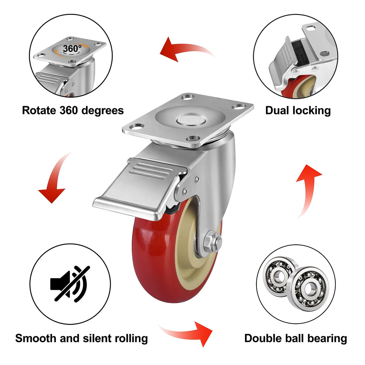 4 Inch Heavy Duty Swivel Caster Wheels with Brake, Set of 4, Industrial Locking Rolling Plate Casters Wheels for Furniture, Cart, Table and Workbench, Easily Load 2200lbs FOCBUGU