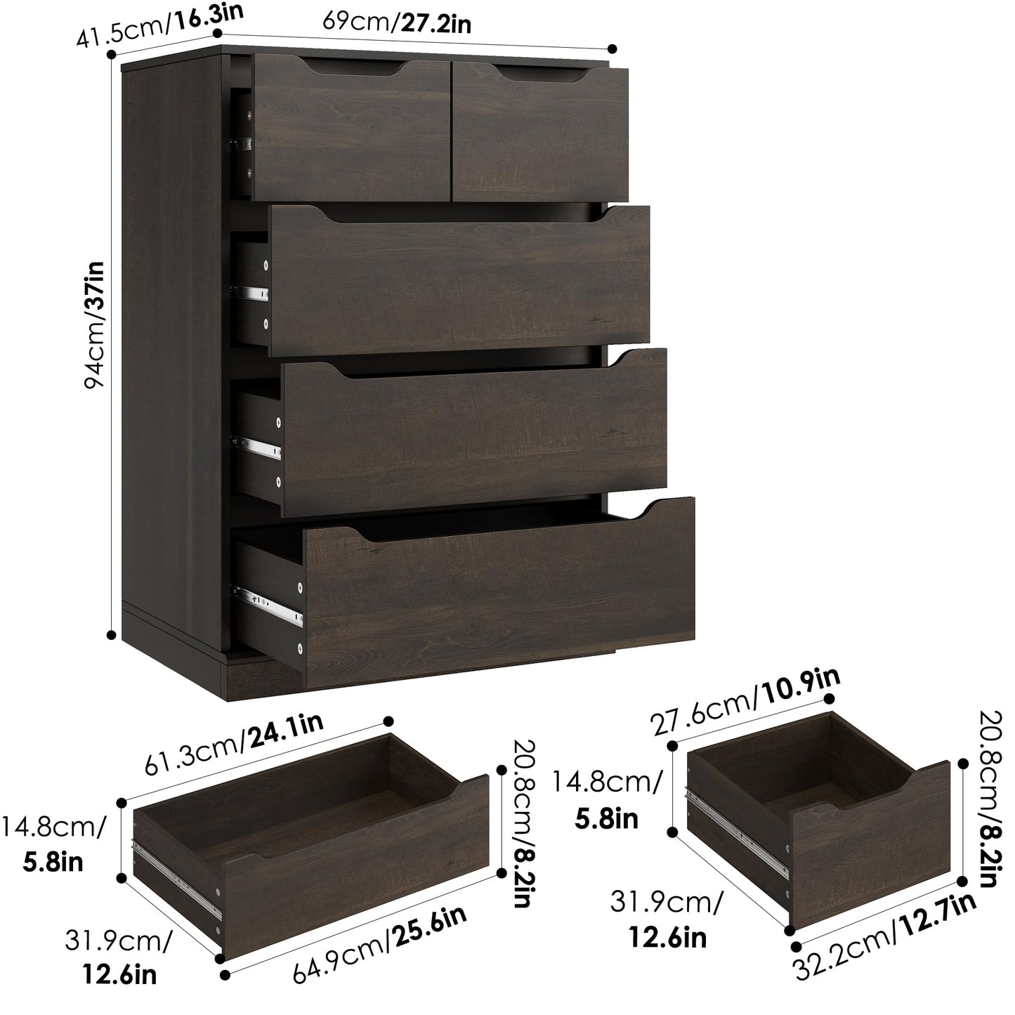 HOSTACK Modern 5 Drawer Dresser for Bedroom, Chest of Drawers with Storage, Wood Storage Chest Organizers with Cut-Out Handles, Accent Storage Cabinet for Living Room, Entryway, Hallway, Dark - WoodArtSupply