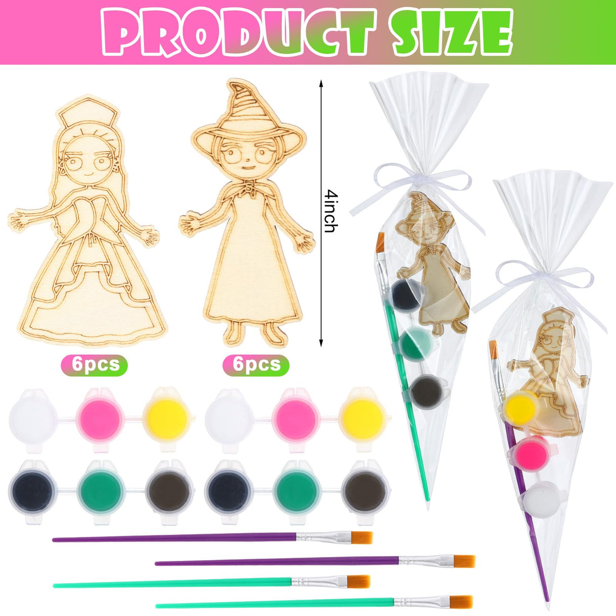 AmazingSpark 12 Sets Paint Your Own Witch Party Favors Pink and Green Princess Party Favors DIY Wood Painting Craft Kit Color Your Own Art Craft Kit(Witch) AmazingSpark