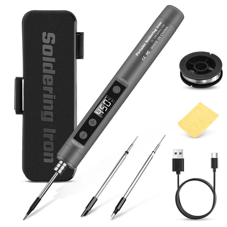 Cordless Soldering Iron Kit, Portable Cordless Soldering Iron, LCD Digital Adjustable Temperature Thermostatic Soldering Gun for Home Appliance Repair, USB Rechargeable - Grey Qyvorae
