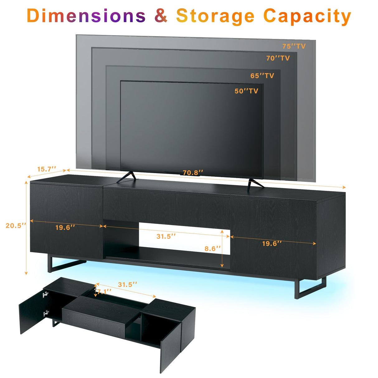 TV Stand for 75 inch TV, Entertainment Center with LED Light, Modern Wood TV Console with Texture Entertainment Stand with Highlight Storage Cabinet for TVs Up to 70-80" Black HUAHUU