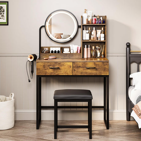Makeup Vanity Desk with Round Mirror and Lights, White Vanity Makeup Table with 2 Drawers, Small Vanity Table for Bedroom with Lots Storage (Brown and Black, 15.75 * 31.5 * 53.6in) Vabches