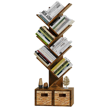 Vagusicc 6-Tier Retro Tree Bookshelf with Baskets - Elegant Floor Standing Bookcase for Home and Office Storage Vagusicc