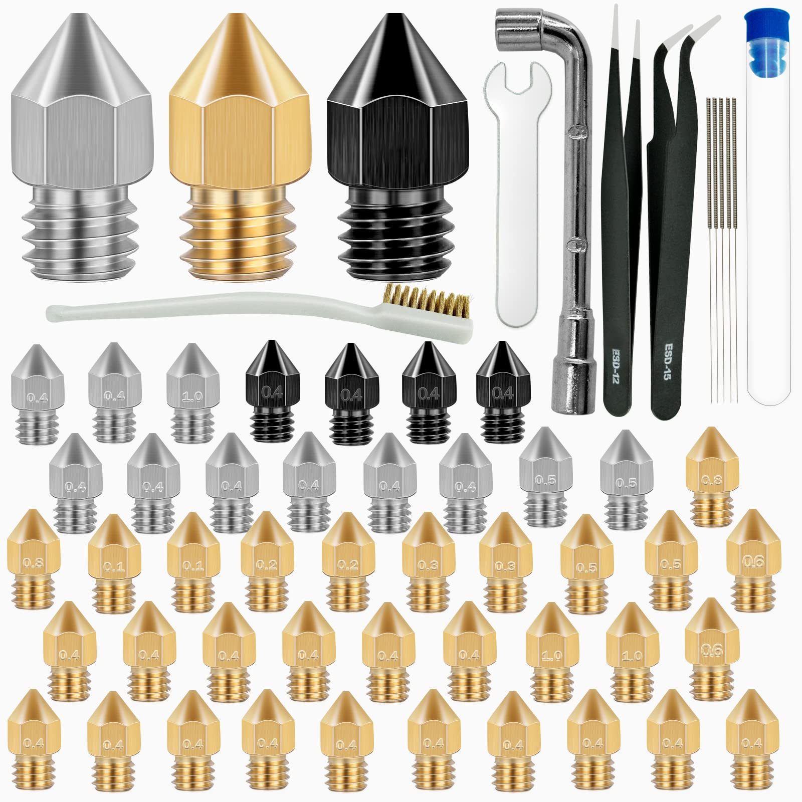 50 Pcs 3D Printer Nozzles - Hardened Steel Stainless Steel Brass Printer Extruder Nozzles Set for CR-10, Ender 3 - High Temperature Pointed Wear Resistant Mk8 Nozzles - 3D Printer Nozzle Clea - WoodArtSupply