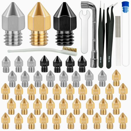 50 Pcs 3D Printer Nozzles - Hardened Steel Stainless Steel Brass Printer Extruder Nozzles Set for CR-10, Ender 3 - High Temperature Pointed Wear Resistant Mk8 Nozzles - 3D Printer Nozzle Cleaning Kit Axeyil