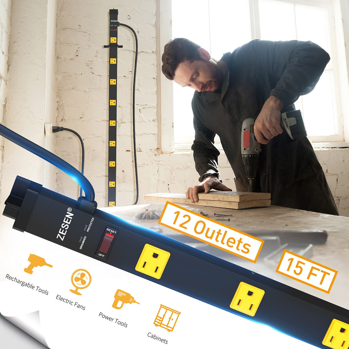 ZESEN 12 Outlet Heavy Duty Workshop Metal Long Power Strip Surge Protector with 15ft Cord, Garage Workbench Multi Wide Industrial Outlet Power Strip, ETL Certified, Black ZESEN
