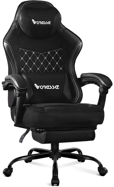 Vonesse Gaming Chair, Computer Chair Fabric with Pocket Spring Cushion, Office Chair with Footrest and Massage Lumbar Support, Reclining Gaming Chairs for Adults 250LBS (Black)