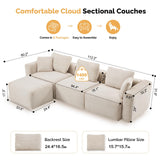 VINGLI 112.2“ Convertible Corduroy Cloud Sectional Couches with Movable Ottoman, L-Shaped Boneless Couches for Living Room with Deep Seat, 3 Seater Modular Spineless Sofa, No Assembly Required, Cream VINGLI