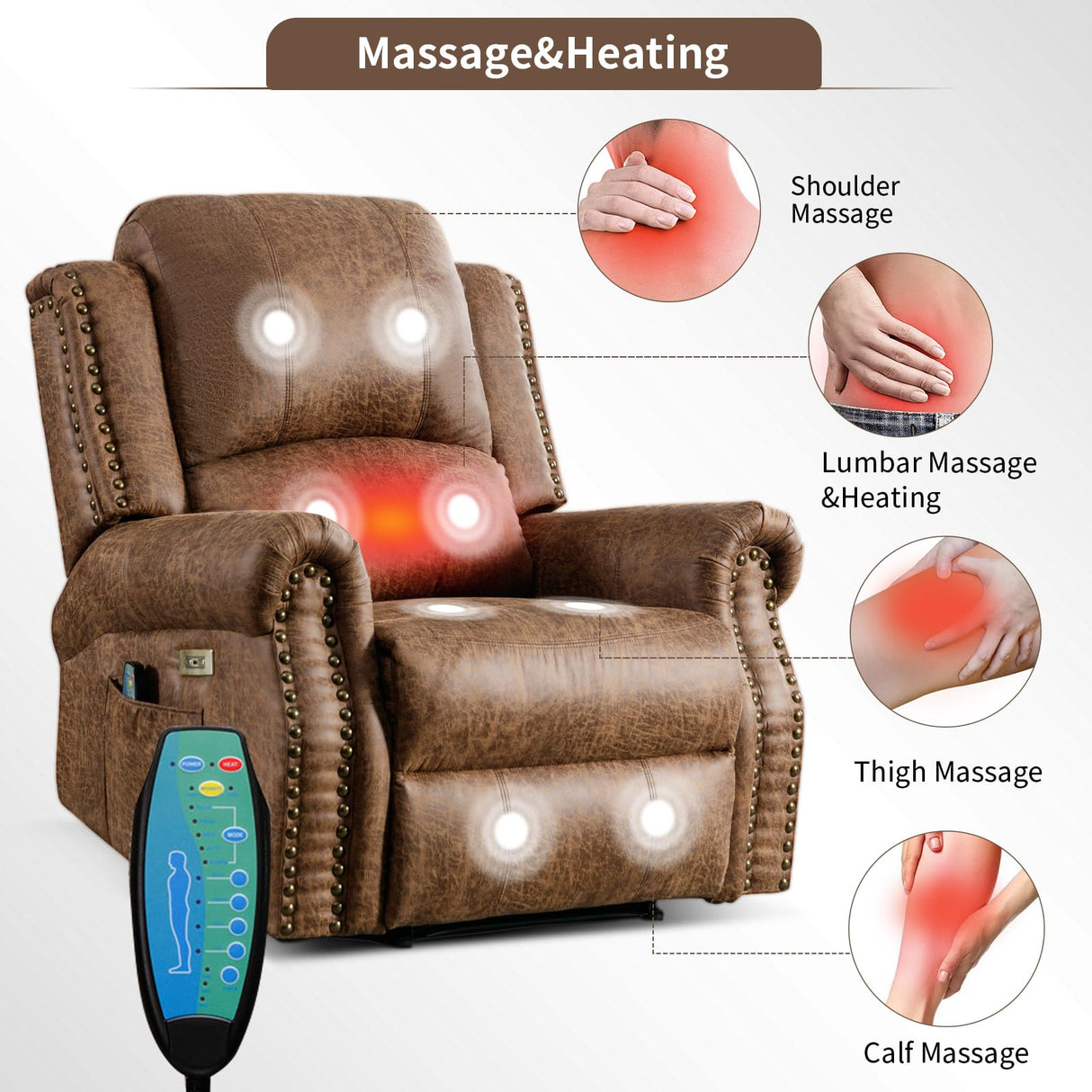 HAOMARKETS Classic Power Recliner Chair with Massage and Heat, Breathable Faux Leather Electric Recliner with USB Port, Overstuffed Reclining Sofa with Rivets for Living Room, Brown HAOMARKETS