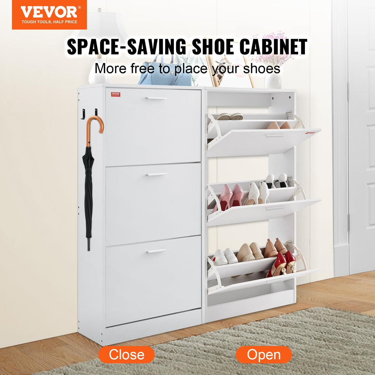 VEVOR Shoe Cabinet with 3 Flip Drawers, Shoe Storage Cabinet for Entryway, Free Standing Shoe Storage Organizer with Side Hooks for Heels, Boots, Slippers in Hallway, Living Room VEVOR