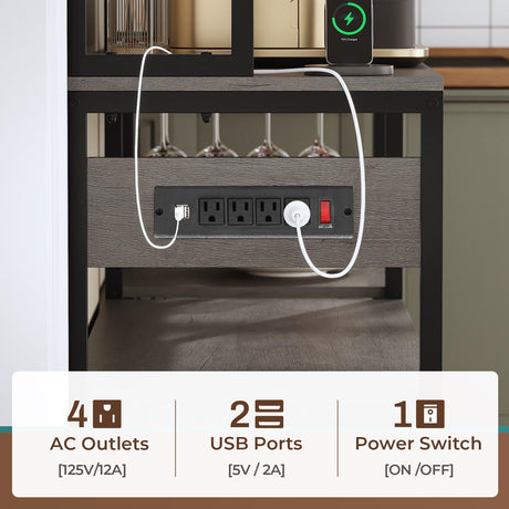 Itaar 45.3 Inch Farmhouse Bakers Rack with Power Outlet, LED Light and Storage Solutions in Grey Itaar