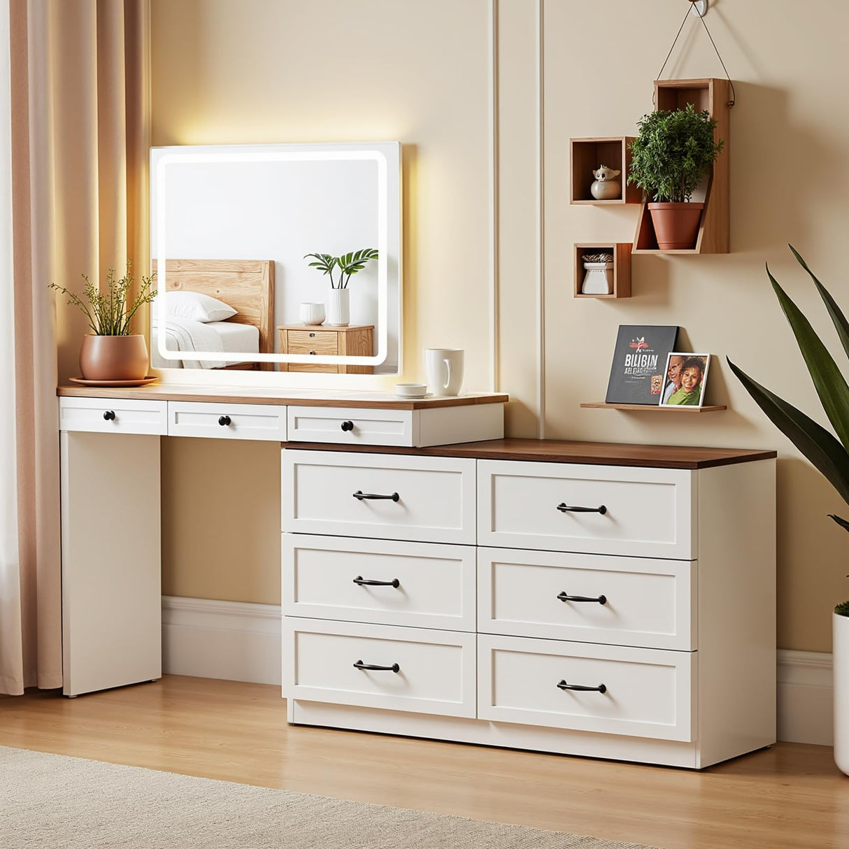 Mixcous Vanity Desk with Mirror and Lights, Vanity Dresser Combo, Farmhouse Makeup Vanity with 9 Drawers, Glass Top Corner Vanity Dressing Table, Extendable Big Dressing Table Set for Bedroom, White Mixcous