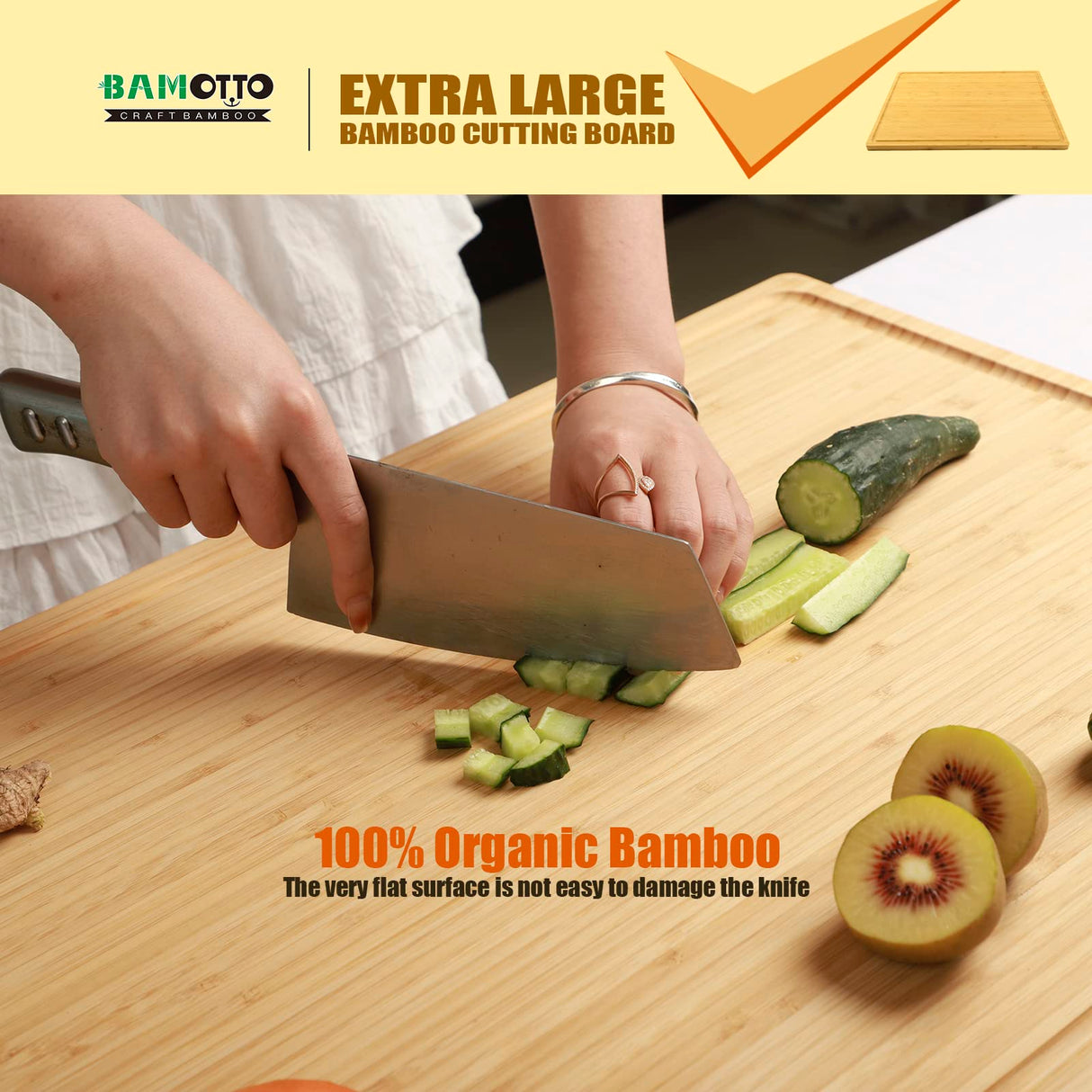 Extra Large 100% Organic Bamboo Cutting Board, 24x18 Inch Butcher Block Chopping/Carving Board with Handle and Juice Groove for Turkey, Meat, Vegetables, BBQ (XXL, 24" x 18"） BAMOTTO CRAFTBAMBOO