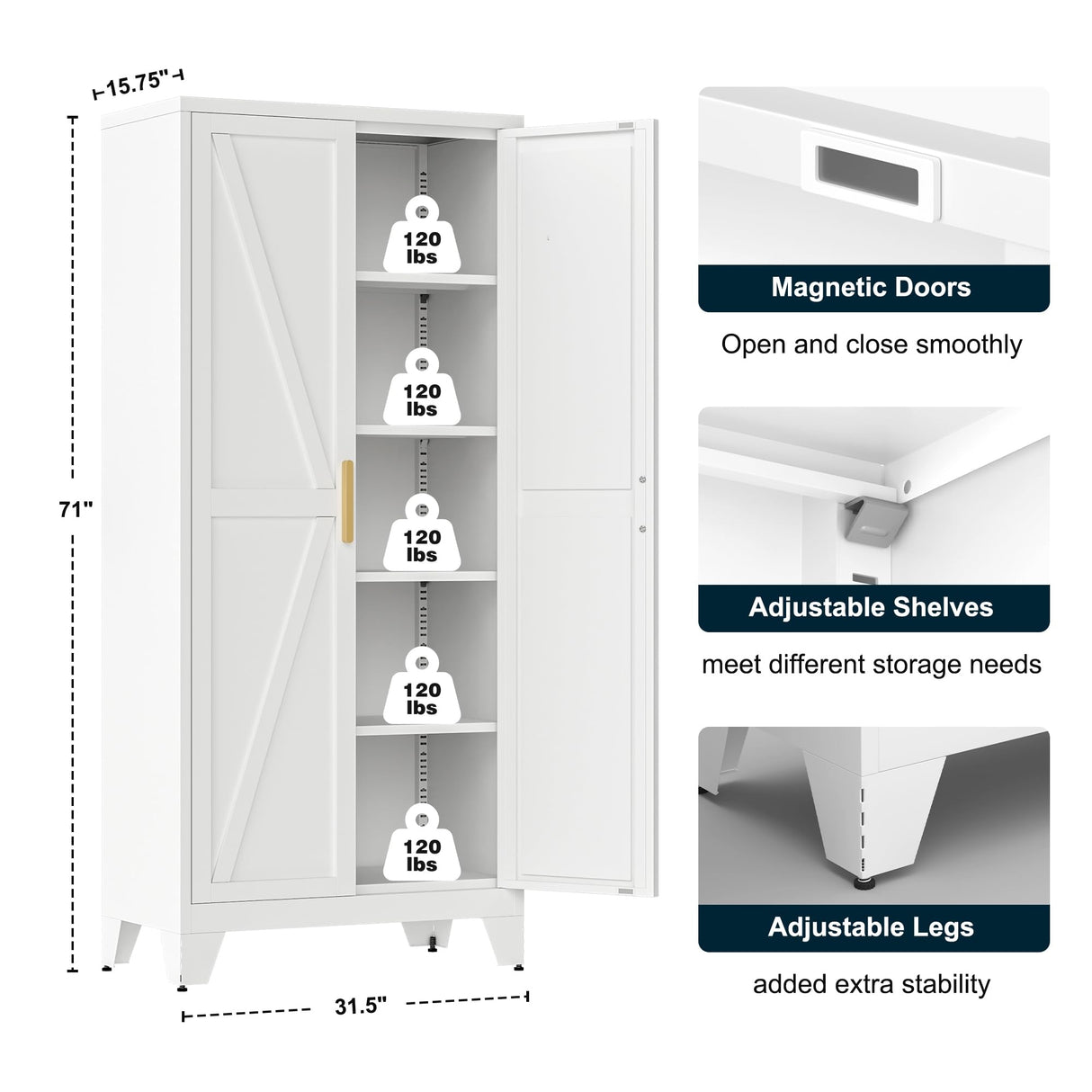 LCAOPC 71" Tall Metal Storage Cabinet with 2 Doors and 4 Adjustable Shelves, 5-Tier Kitchen Pantry Storage Cabinet for Kitchen, Living Room, Dining Room and Office, White LCAOPC