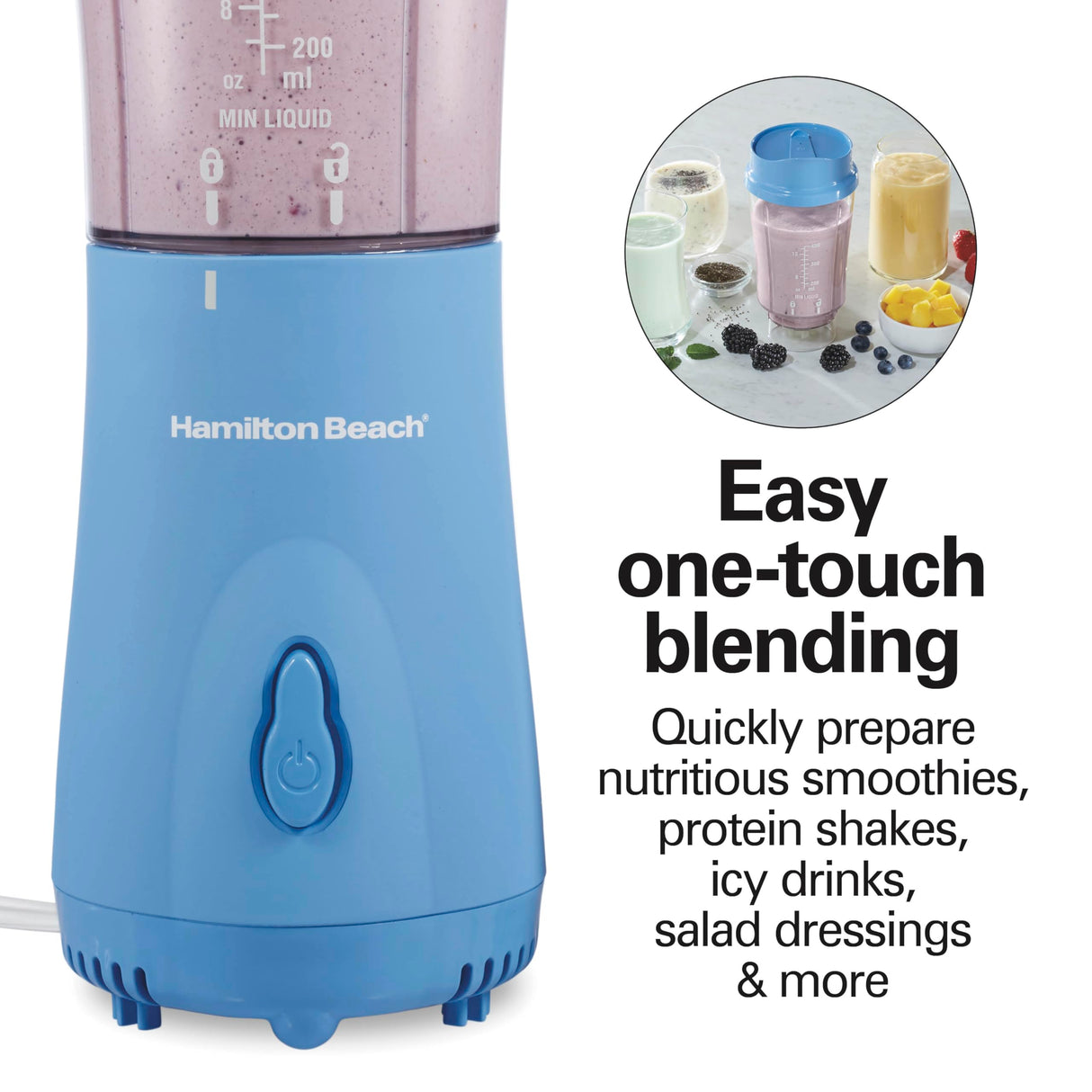 Hamilton Beach Portable Blender for Shakes and Smoothies with 14 Oz BPA Free Travel Cup and Lid, Durable Stainless Steel Blades for Powerful Blending Performance, Tranquil Blue (51172) Hamilton Beach