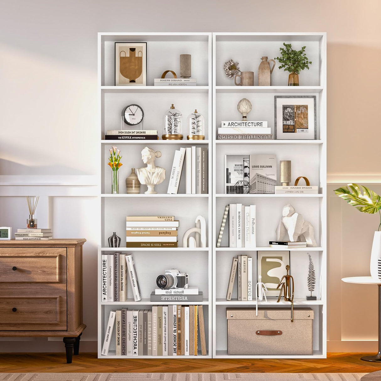 oneinmil Bookshelf 6-Tier Set of 2 Open Bookcase and Bookshelves Wooden Floor Standing Display Wide Storage Shelves Rack 71" Tall for Home Offices, Living Rooms, and Bedrooms, White oneinmil