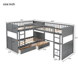 Merax L-Shaped Solid Wood Bunk Bed, Twin Over Twin Over Twin Bed with 2 Drawers and 2 Ladders, Twin Size Bunk Bed with a Loft Bed Attached, Grey Merax