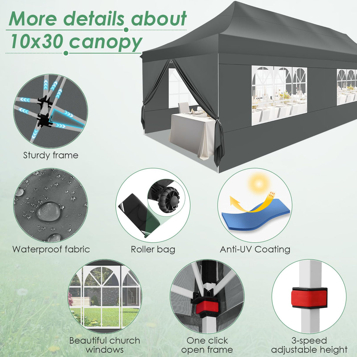 COBIZI Canopy Tent 10x30 Pop Up Canopy with 8 Removable Sidewalls Party Tents for Parties Wedding Patio Commercial Waterproof and UV50+ Ez Outdoor Instant Gazebo with Roller Bag & 4 Sandbags(Grey COBIZI