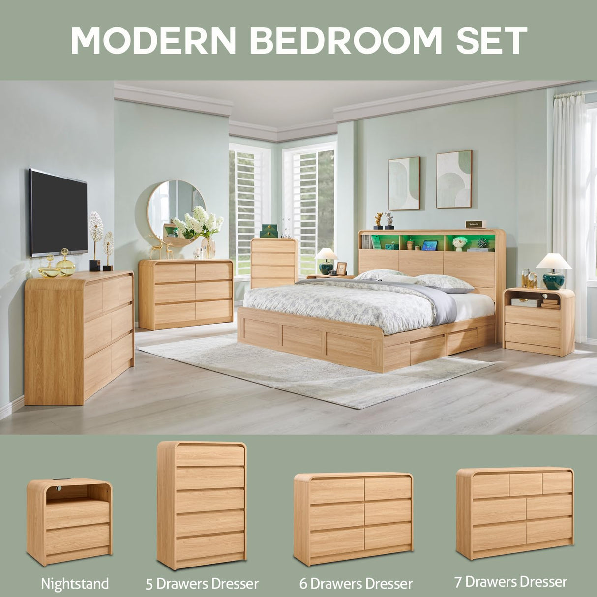 Aitjunz Modern 6 Drawers Dresser for Bedroom, 47" Wide Wood Dressers & Chests of Drawers w/Curved Profile Design, Mid Century Modern Dresser w/Natural Texture for Bedroom, Living Room, Natural Oak Aitjunz