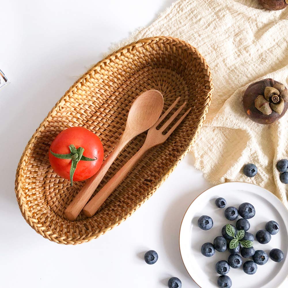 i-lan Handwoven Bread Serving Basket Bowls, Wicker Oval Fruit Bowl, Serving Bread Basket Set, Food Storage Bowl for Bread, Snack, Vegetable, Natural Brown (S: 10") i-lan