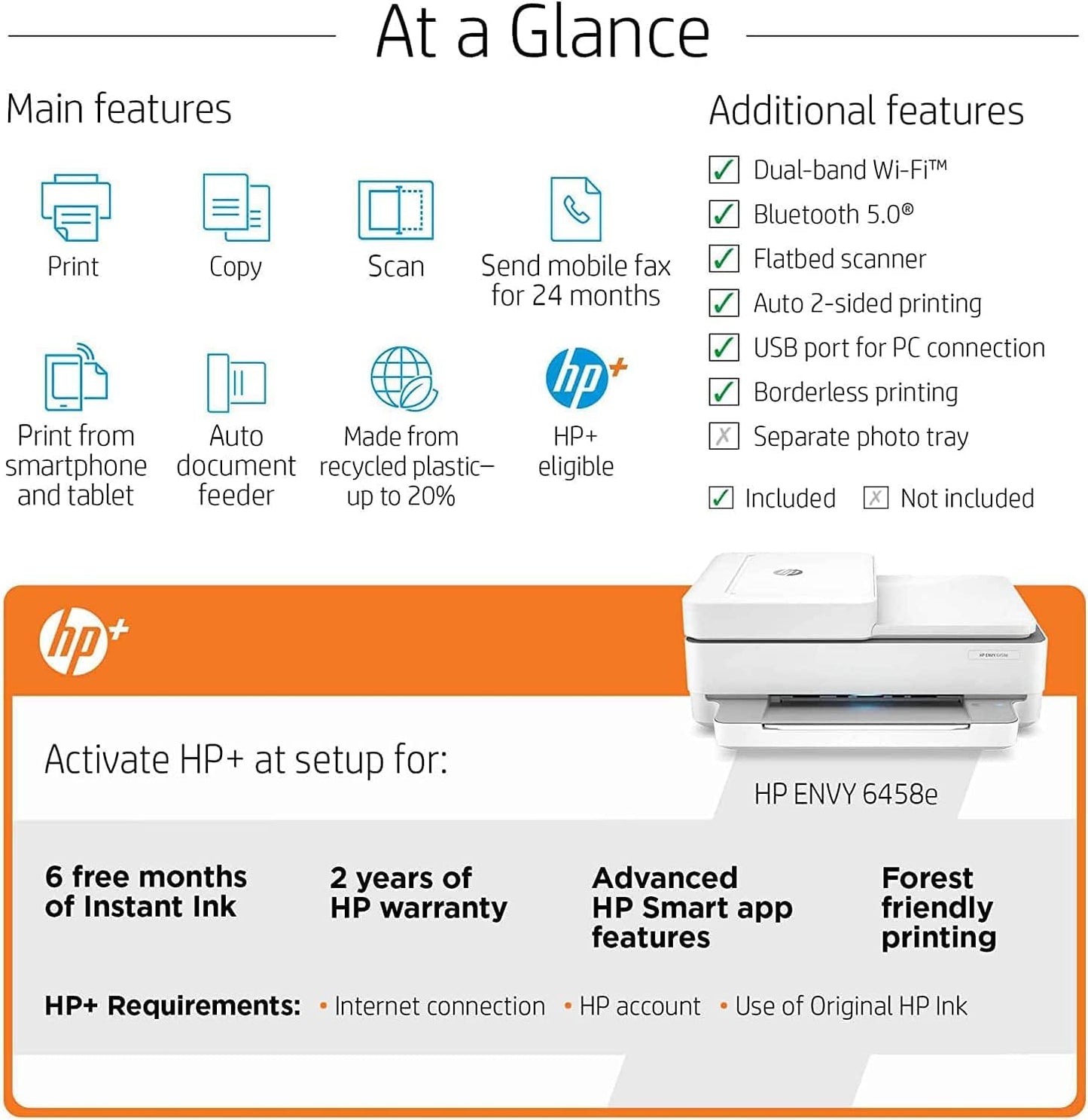 HP Envy 6458e All-in-One Wireless Color Inkjet Printer, Print Copy Scan - 10 ppm, 4800 x 1200 dpi, Auto 2-Sided Printing, 35-Sheet ADF, Dual-Band WiFi, Instant Ink Ready, White (Renewed)