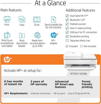 HP Envy 6458e All-in-One Wireless Color Inkjet Printer, Print Copy Scan - 10 ppm, 4800 x 1200 dpi, Auto 2-Sided Printing, 35-Sheet ADF, Dual-Band WiFi, Instant Ink Ready, White (Renewed)