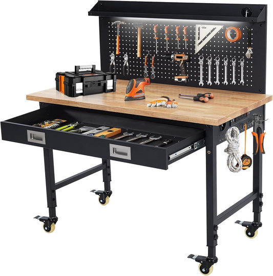 Workbench Adjustable Work Bench, 48"x 24" Workbench for Garage Heavy Duty Workstation with 4 Lockable Wheels 2000 LBS Capacity Multipurpose Rubber Wood Shop Table with Power Outlets and Drawers