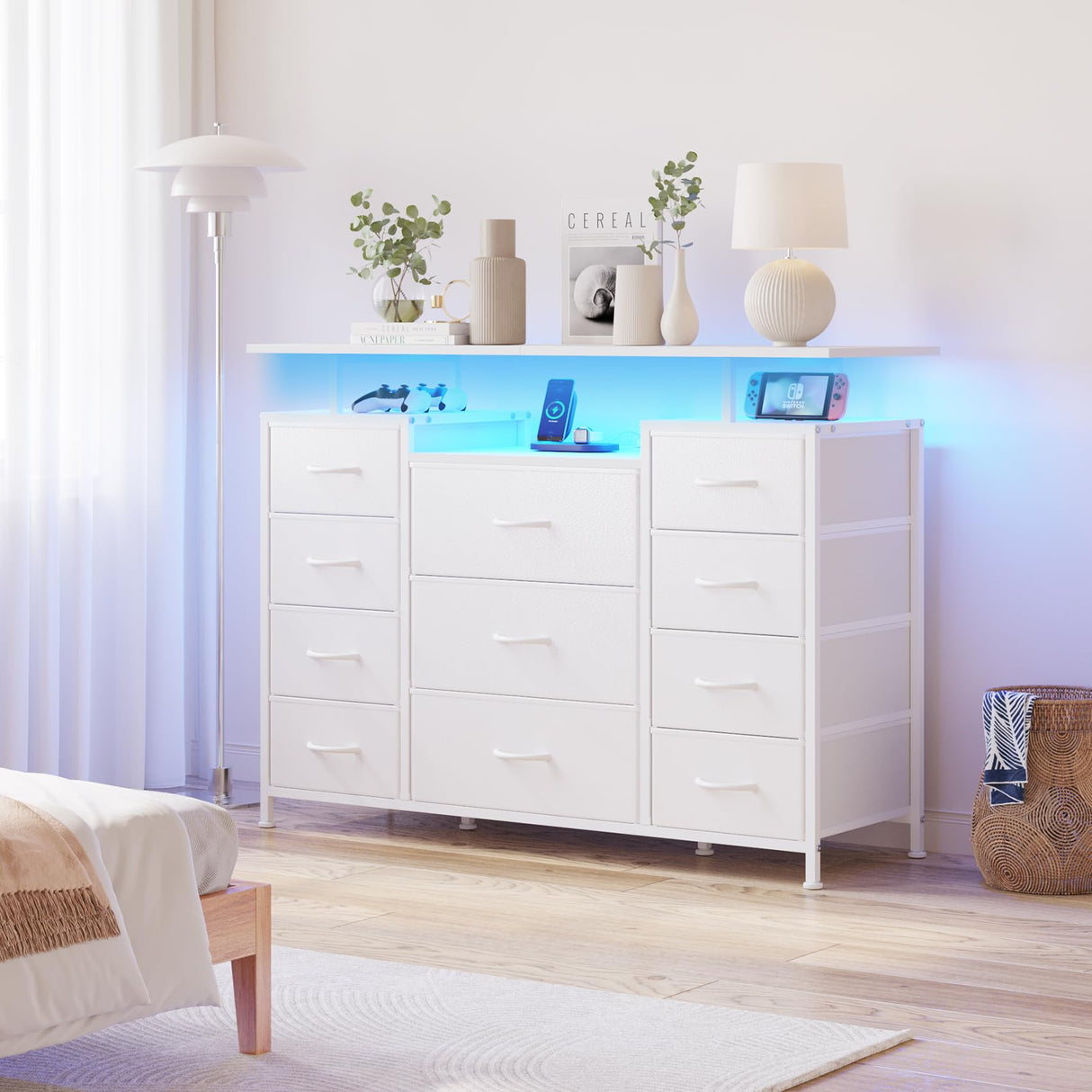 LUMTOK 11 Drawers Dresser with Fabric Drawers,Charging Station, LED Lights and Shelves for Bedroom Storage Organization LUMTOK