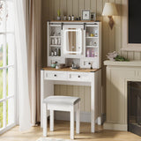 ARTETHYS Vanity Desk with Slide Mirror and Lights Farmhouse Makeup Vanity Set with Chair Small Dressing Table with Drawer for Bedroom, White and Brown ARTETHYS