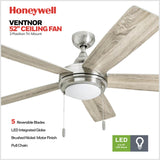 Honeywell Ceiling Fans Ventnor, 52 Inch Modern Farmhouse Indoor LED Ceiling Fan with Light, Pull Chain, Three Mounting Options, Dual Finish Blades, Reversible Motor - 50606-01 (Brushed Nickel) Honeywell