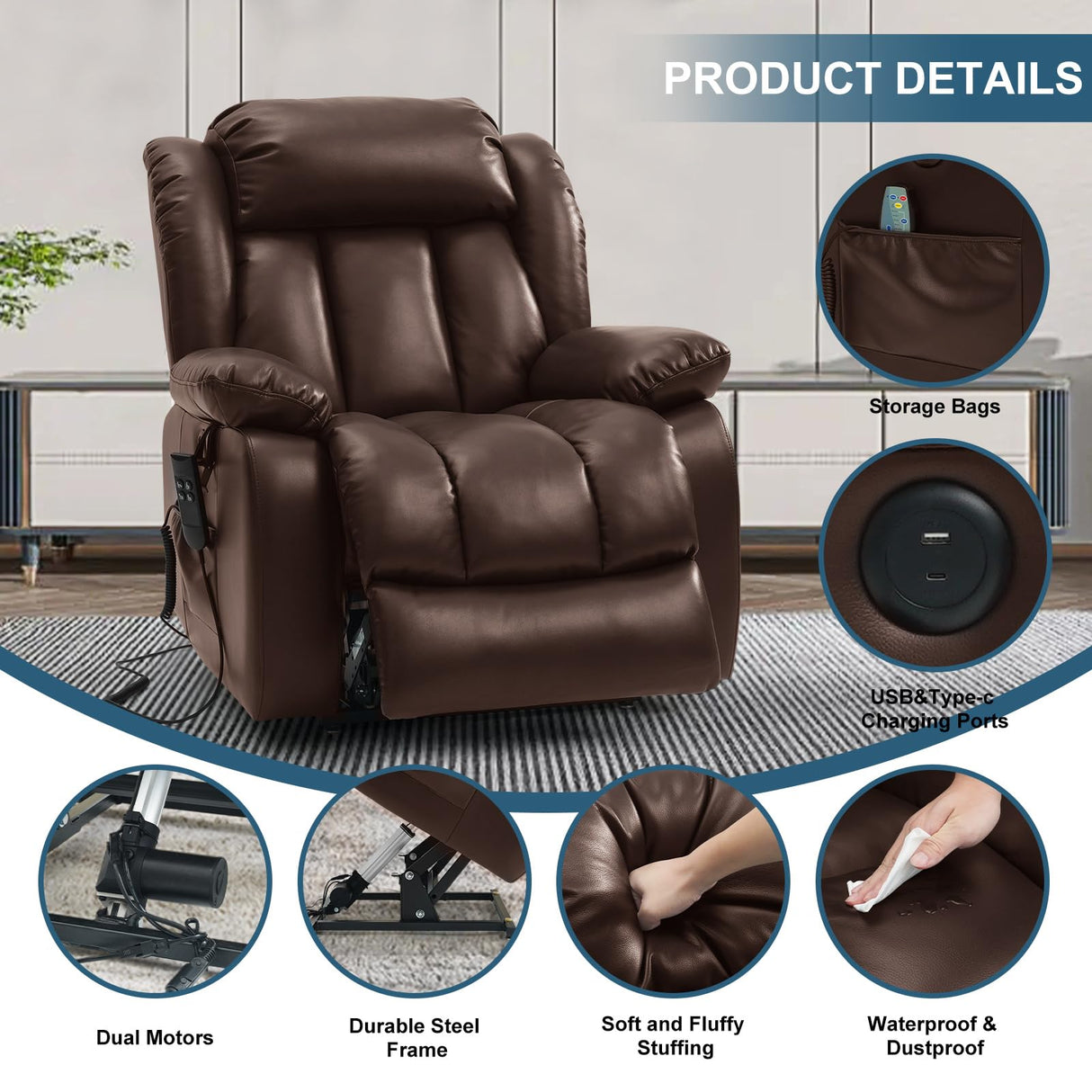 MEROUS Dual Motor Large Power Lift Recliner Chair for Elderly with Heat and Massage,Lay Flat Lift Chairs Recliners for Seniors Infinite Position,USB Ports&Remote, Genuine Leather (Brown) MEROUS