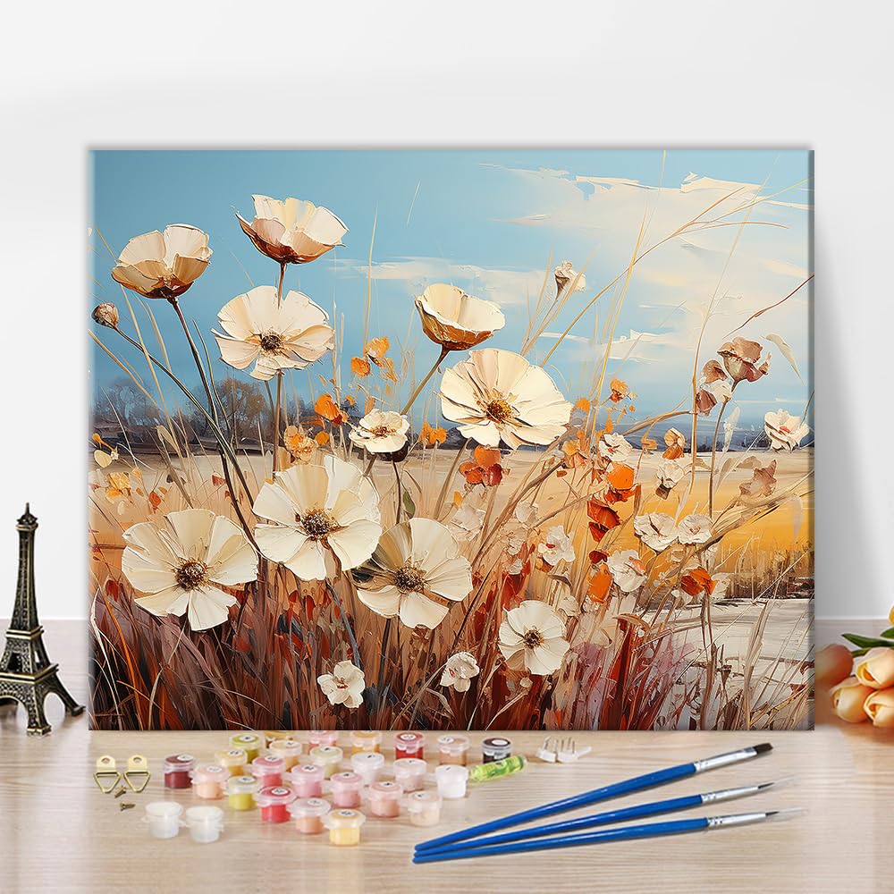 TUMOVO Daisies Paint by Numbers Adult Daisies on The Indian Summer Field Paint by Number Kits Impressionism Oil Painting with Brushes and Pigment for Home Decoration, 16 x20 Inch TUMOVO