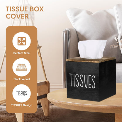 Tissue Box Cover Square, Black Wood Tissue Box Cover Tissue Box Covers Holder for Bathroom, Bedroom, Dinner Table, Office, Tabletop