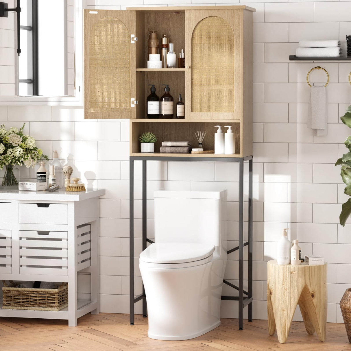 FiveWillowise Natural Rattan Over-The-Toilet Storage Cabinet with Adjustable Shelf and Metal Stand FiveWillowise