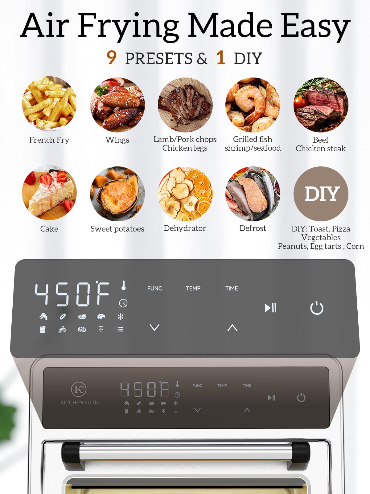 Air Fryer Toaster Oven Combo,10-in-1 12.6QT Compact Countertop Oven,9 Touch Screen Presets & 1 DIY Function,Easy Digital Controls,4 Accessories Included,Stainless Steel,Kitchen Elite Kitchen Elite