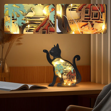 Drawelry 3D Wooden Carving Animals Lamp - Creative Fox Squirrel Wood Carved LED Night Light Garden Yard Wooden Animals Sculpture Ornaments Desktop Home Decor Birthday Gifts for Family Friend (Cat) Drawelry