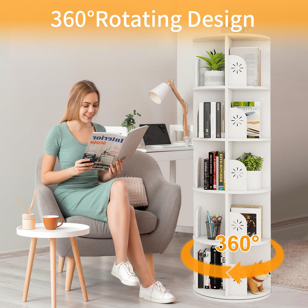 Hestiasko 5 Tier Rotating Bookshelf, 360 Rotating Bookcase, Spinning Bookshelf Tower for Kids & Adults, Corner Book Shelf for Small Space, Revolving Bookcase for Bedroom, Living Room, White Hestiasko