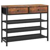 usikey Shoe Rack, 4 Tier Shoe Storage Organizer with 2 Drawers, Metal Shoe Shelf for 12-15 Pairs of Shoes, with 3 Fabric Shelves and Wooden Top, Shoe Stand for Closet Entryway, Rustic Brown usikey