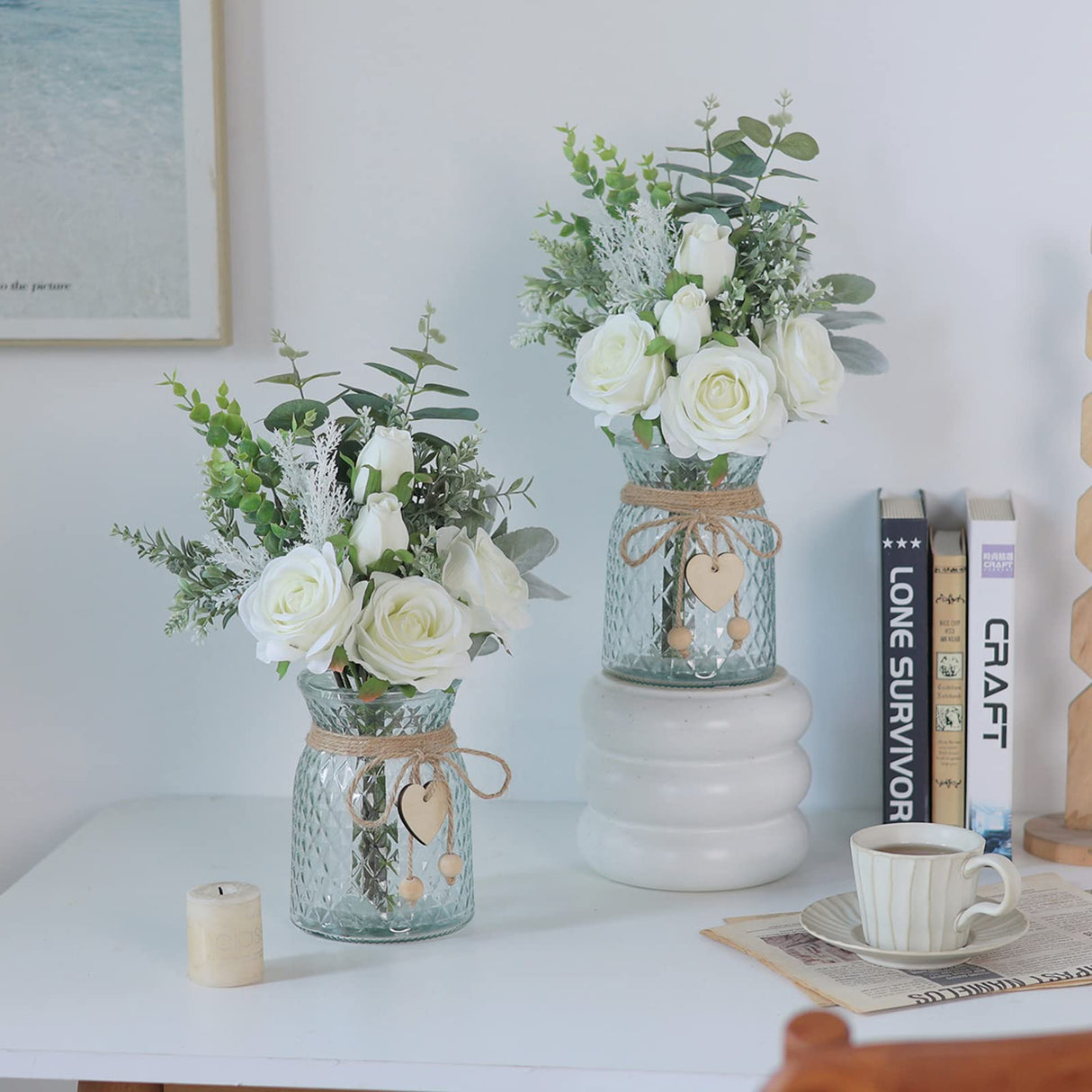 Faux Flowers with Vase,Artificial Silk Roses in Vase, Fake Plant Eucalyptus Flower Arrangement for Home Office Farmhouse Bathroom Dining Table Centerpiece Decorations Coffee Table Decor (White) VIERENA