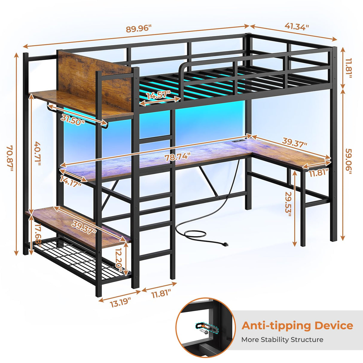 Itaar Twin Loft Bed with L-Shaped Desk, LED Lights and Charging Sation, Loft Bed Twin Size with 3-Tier Storage Shelves and Clothes Rail, Safety Guard & Ladder, No Box Spring Needed, Rustic Brown Itaar