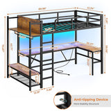 Itaar Twin Loft Bed with L-Shaped Desk, LED Lights and Charging Sation, Loft Bed Twin Size with 3-Tier Storage Shelves and Clothes Rail, Safety Guard & Ladder, No Box Spring Needed, Rustic Brown Itaar
