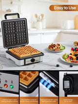FOHERE Belgian Waffle Maker 4 Slices, 1200W Square Waffle Iron, 5 Browning Levels, Nonstick Plates, Cool-touch Handle, Anti-scald, Anti-overflow, Indicator Lights, Recipe, White FOHERE