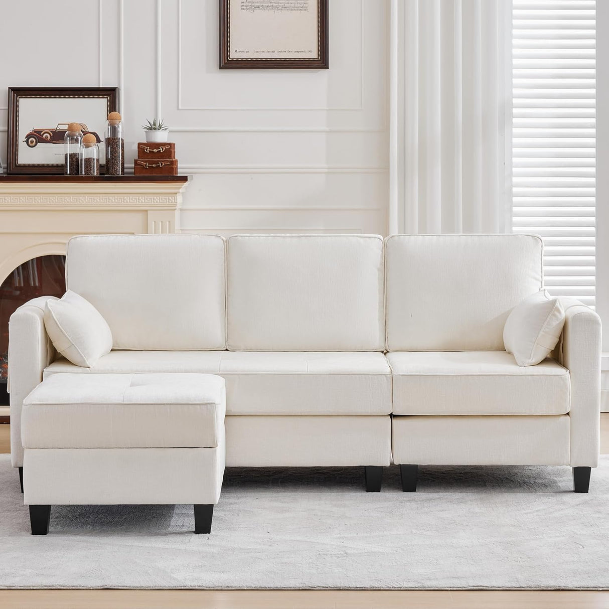 MAGIC UNION Convertible Sectional Couches for Living Room - Small Space Couches L-Shaped Sofa, Upholstered 3 Seats Sofas W/Storage Chaise, USB Ports, Side Pockets and Pillows (Chenille Fabric, White) MAGIC UNION
