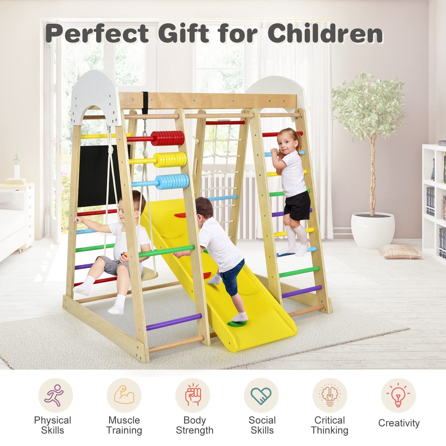 Costzon Indoor Jungle Gym, 8-in-1 Montessori Climbing Toys for Toddlers with Double-Sided Slide, Climbing Rock/Net, Indoor Wooden Playground Climber Playset for Kids 3+ Years Birthday