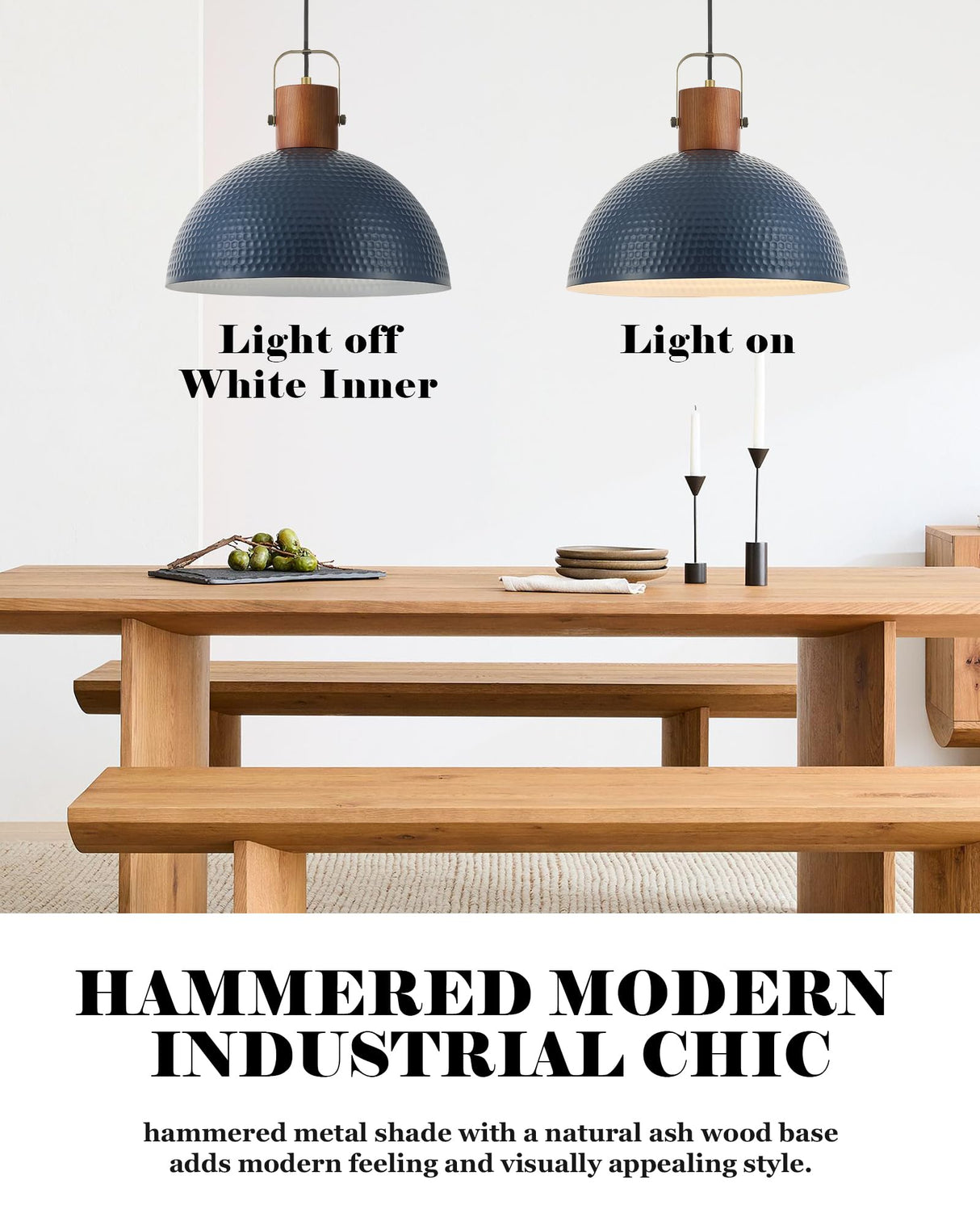 ELYONA 16” Large Ash Wood Pendant Light with Hammered Blue Metal & Brushed Brass Handle Large Pendant Light Fixtures Modern Dome Hanging Lamp for Kitchen Island, Dining Table, Bedroom, Hallway ELYONA