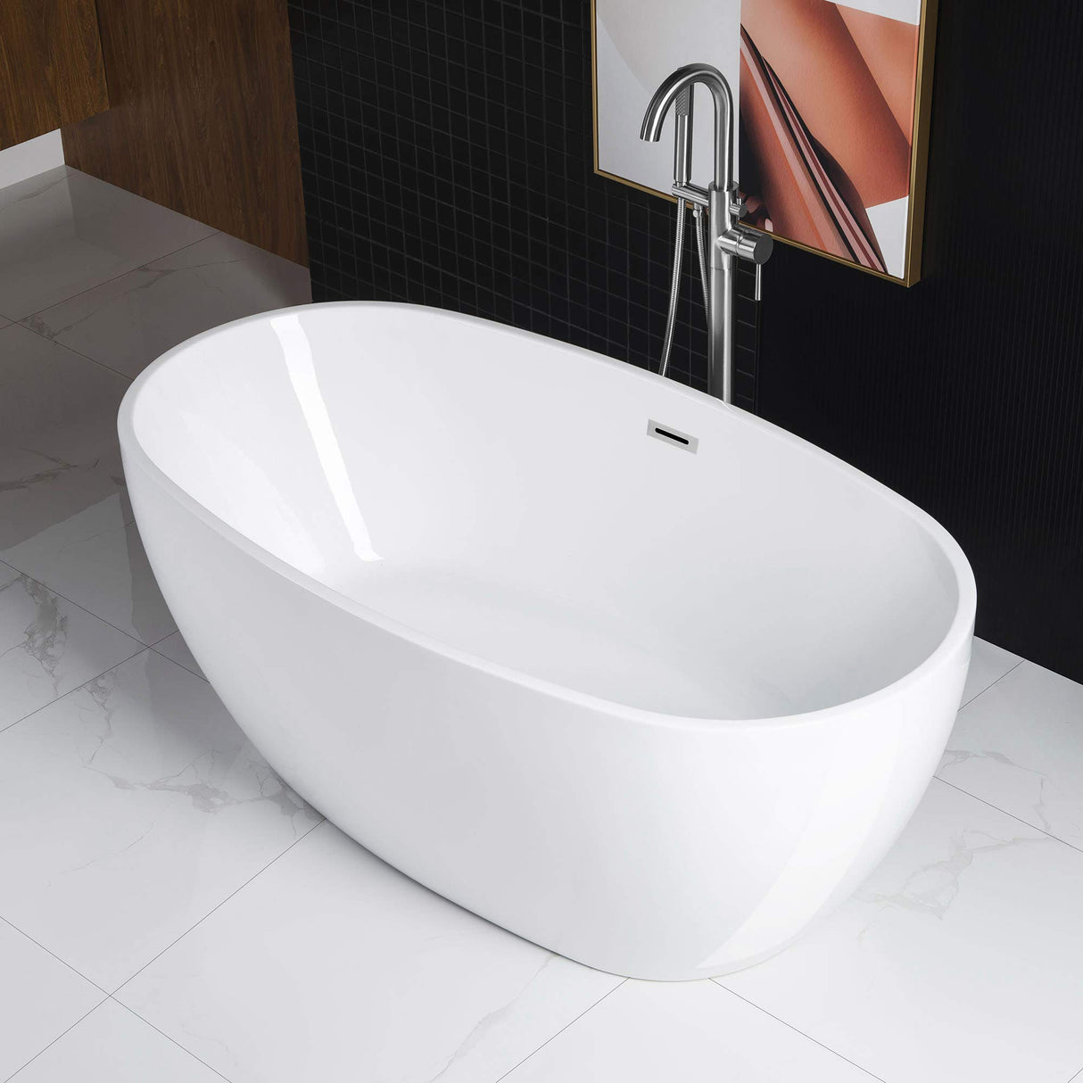WOODBRIDGE 59" Acrylic Freestanding Bathtub Contemporary Soaking Tub, White Acrylic (Chrome Drain/Overflow),BTA1518 -C-Drain &O WOODBRIDGE