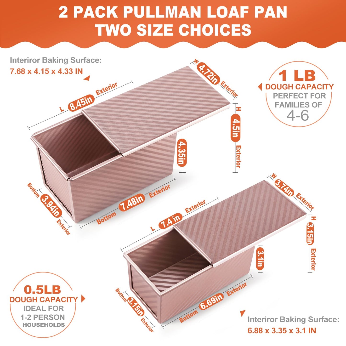 Pavsrmy 2 Pack Pullman Loaf Pan with Lid, 1 lb/0.5 lb Dough Capacity, Premium Non-Stick Sandwich Bread Loaf Pan with Lid, Carbon Steel Corrugated Bread Toast Box Mold with Cover for Baking