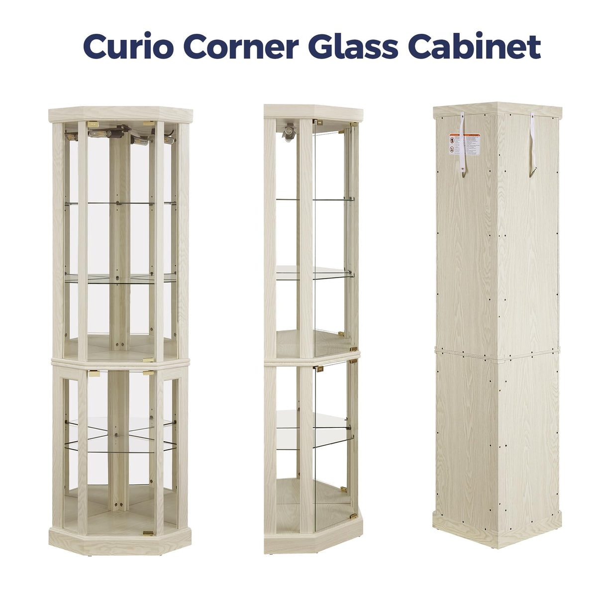 Trygoal Lighted 3-Side Glass Display Curio Cabinet, Corner China Cabinet with Tempered Glass Doors, Wooden Display Case with Light Bulb for Living Room, Antique White Trygoal